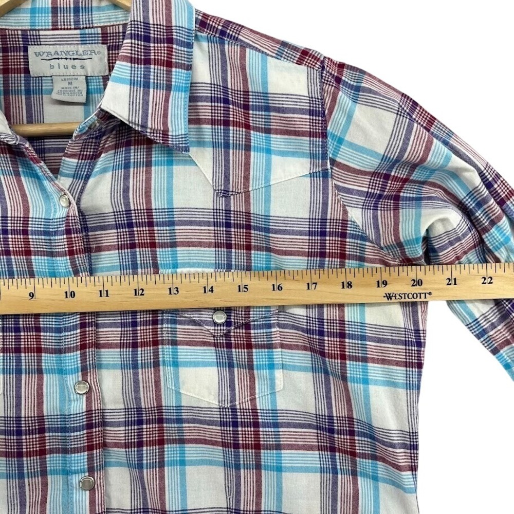 Wrangler Blues Shirt Womens Medium Long Sleeve Pearl Snap Plaid Purple Blue Red - Picture 6 of 9